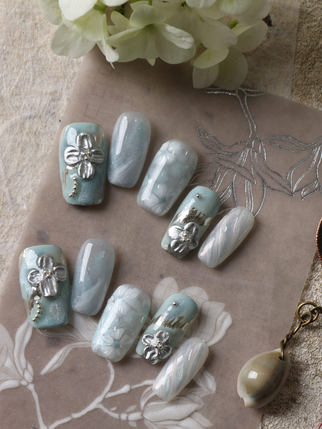 Pressed Flower Art - 10Pcs Press on Nails Blue White