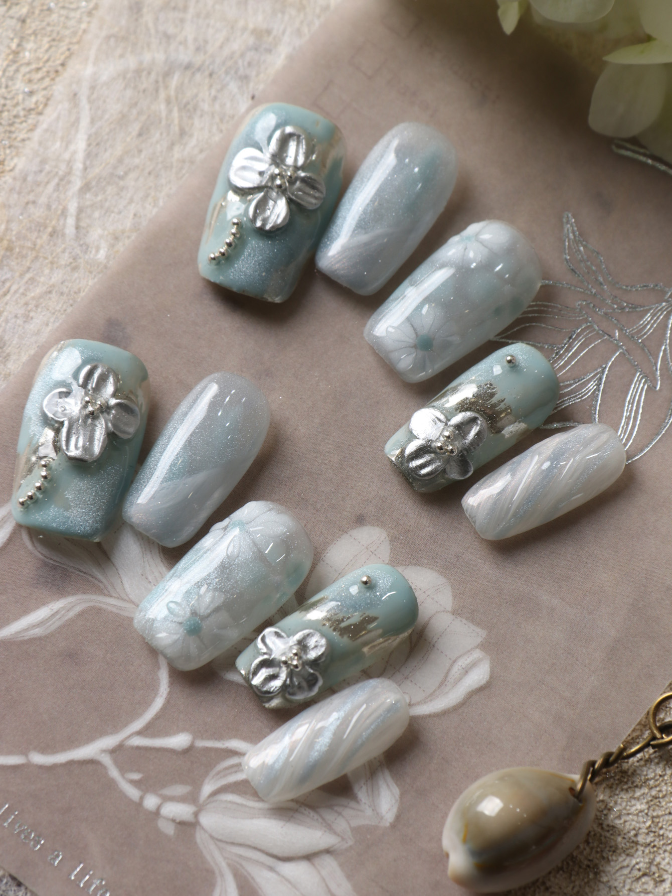 10Pcs Press on Nails Blue Whit - đánh giá và giá Pressed Flower Art